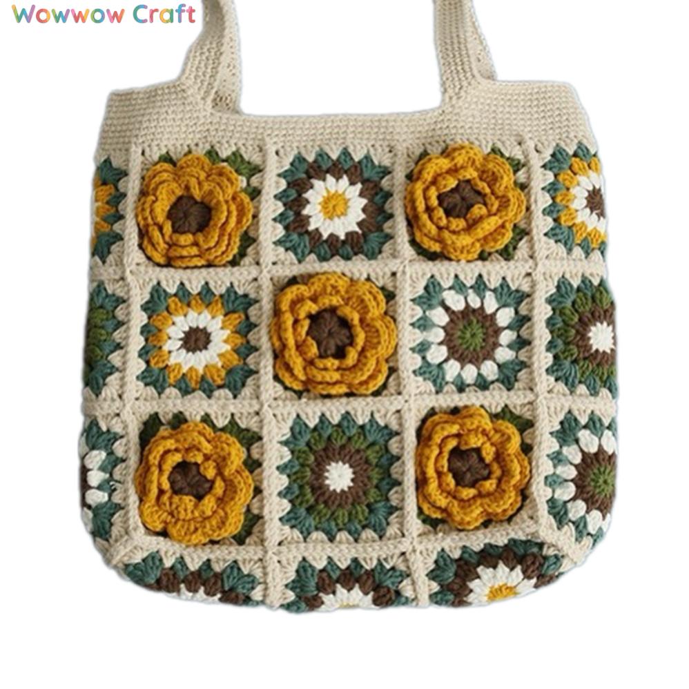 Shoulder Bags,Totes,Handmade Crochet Bags,Yellow Flowers Granny Square Tote crocheted with Snow Fairy Yarn - High quality handmade crocheted shoulder bag